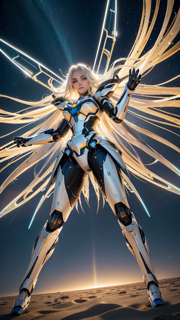 ((Best quality)), ((masterpiece)), ((awards winning photograph)), goddess girl, ((extremely beautiful)), full makeups, white wavy hair, ((realistic)), ((hair blown by the winds)), sharp eyes, looking at viewer, ((slim body)), ((gold and black mecha armor)), ((blue luminous lights mecha)), ((full luminous mecha armor)), ((epic luminous mecha armor details)), ((full body shown)), night at beach, full of stars, aurora borealis, nebula skies, epic shooting stars, close legs, epict lights details, ((symmetrical pose)), from below, model posing in the middle, ((floating off the ground)), not too close to viewer,