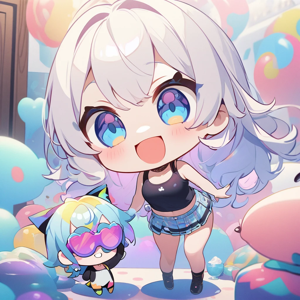 masterpiece、Highest quality、Depth of subject、2D illustration、1 beautiful girl、独奏, (((chibi style)))、((Long, beautiful hair))、Shiny silver hair、cute、Beautifully detailed eyes、((Tank top))、a glass of blue soda, ((colorful))、mini skirt、((happy smile))、((kitten cluster)), ((full body shot))、((in the room))、((There's a lot of pink around))、Thighs、((vivid color))、sparkle、((Lens flare))、