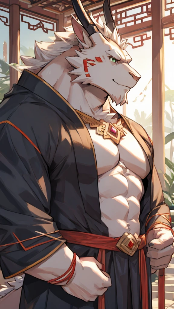 (white eastern dragon),furry,white mustache,big pecs,hearty males,muscular,black imperial robe,naked,adult,traditional_chinese_room，head portrait