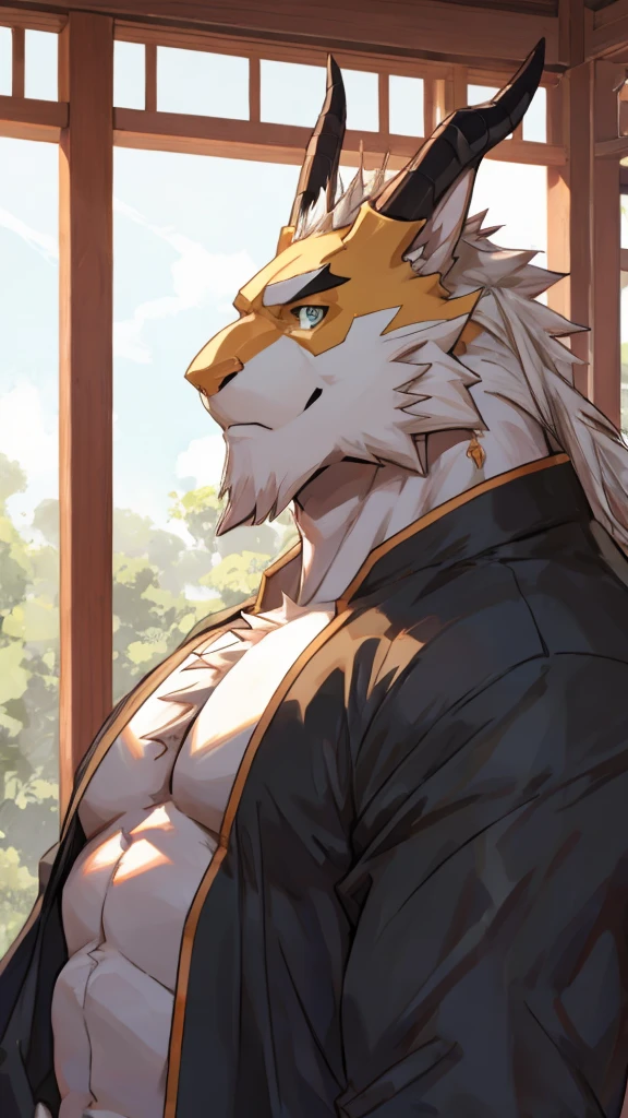 (white eastern dragon),furry,white mustache,big pecs,hearty males,muscular,black imperial robe,naked,adult,traditional_chinese_room，head portrait