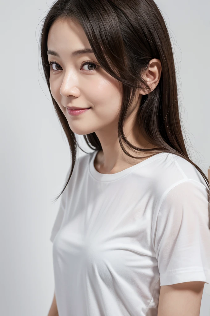 Japanese women, 40s, White background, simple背景,Long Hair、White-brown hair, Slender, 4K, 8K, High quality, Beauty products, EyesBeautiful Eyes, simple, It is high resolution.,1 person,Beautiful Skin,Beautiful Skin、Natural smile、Short sleeve、Wearing a white shirt