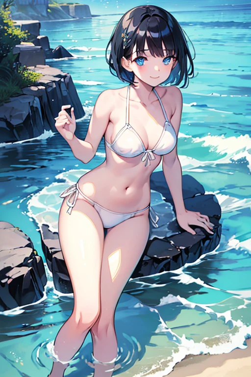 ((Highest quality)), ((masterpiece)), (Familiar), Illustration Style,Perfect Face,1 Girl,Black Hair,Short Hair,Glowing Skin,big, Bright Blue Eyes,Beautiful Bangs,Small breasts,Super Beauty,woman,,White Bikini,Beautiful clothes,Ocean,evening,smile