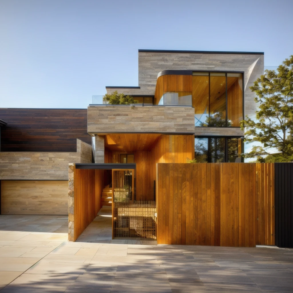 The paint color and stone and wood cladding of the modern house closely follow the materials in the available image, and the sunlight is bright and beautiful.