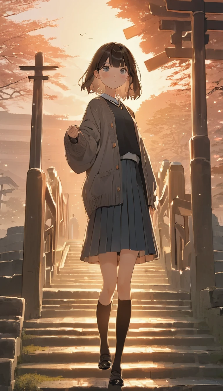 One Girl, (Sunset sky), Standing and waving, School Area, Rural landscape, scenery, School Cardigan, (Sleeves are longer than the wrist), Powerful loafers, Black ash two side up hair, Blunt bangs, Beautiful dark eyes, Black knee socks, Cinema Lighting, Upper Body, :3,Long staircase、torii、A historic shrine