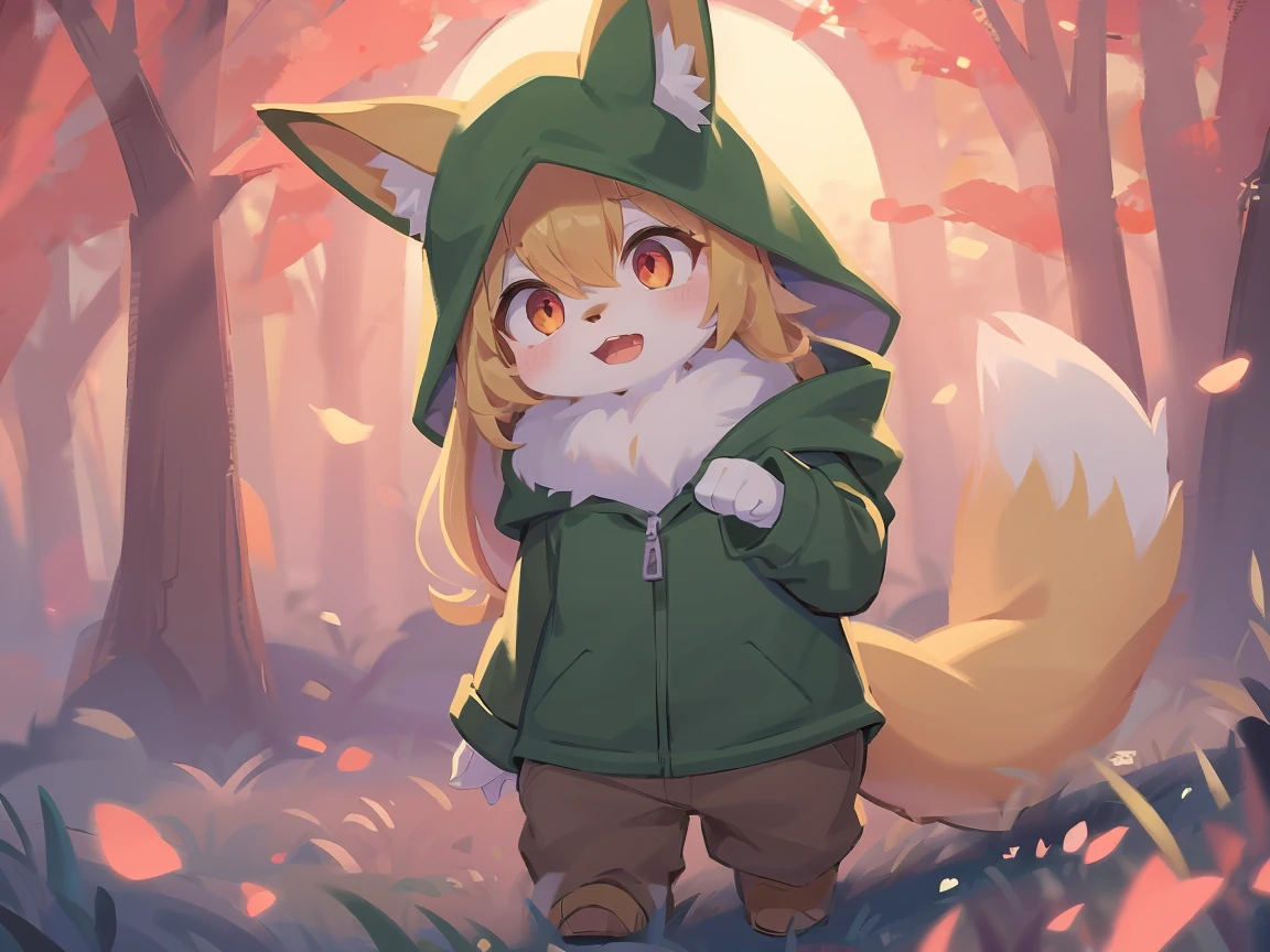 the fox, , was hairy, shaggy, skin fur, smooth lashes, golden fur, forelimb hands, straight long blonde hair, solid circle eyes, golden ears, golden fur, golden facial fur, shiny hair, red eyes, super cute face, 1fox tail, fluffy tail, furry tail, glowing eyes, green coat green hood down, brown trousers, open mouth, embarrassed, ambient light, ultra-fine fur, dashed eyes, full body, masterpiece, high quality, high-details, best quality, wide short, (((solo))), twilight, sun light, red sky, rim light