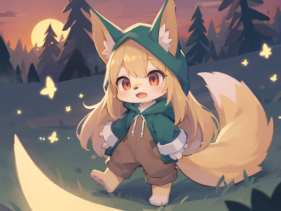  the fox, , was hairy, shaggy, skin fur, smooth lashes, golden fur, forelimb hands, straight long blonde hair, solid circle eyes, golden ears, golden fur, golden facial fur, shiny hair, red eyes, super cute face, 1fox tail, fluffy tail, furry tail, glowing eyes, green coat green hood down, brown trousers, open mouth, embarrassed, ambient light, ultra-fine fur, dashed eyes, full body, masterpiece, high quality, high-details, best quality, wide short, (((solo))), twilight, sun light, red sky, rim light
