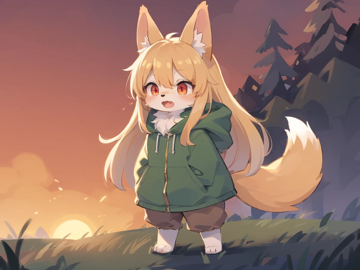 the fox, , was hairy, shaggy, skin fur, smooth lashes, golden fur, forelimb hands, straight long blonde hair, solid circle eyes, golden ears, golden fur, golden facial fur, shiny hair, red eyes, super cute face, 1fox tail, fluffy tail, furry tail, glowing eyes, green coat green hood down, brown trousers, open mouth, embarrassed, ambient light, ultra-fine fur, dashed eyes, full body, masterpiece, high quality, high-details, best quality, wide short, (((solo))), twilight, sun light, red sky, rim light