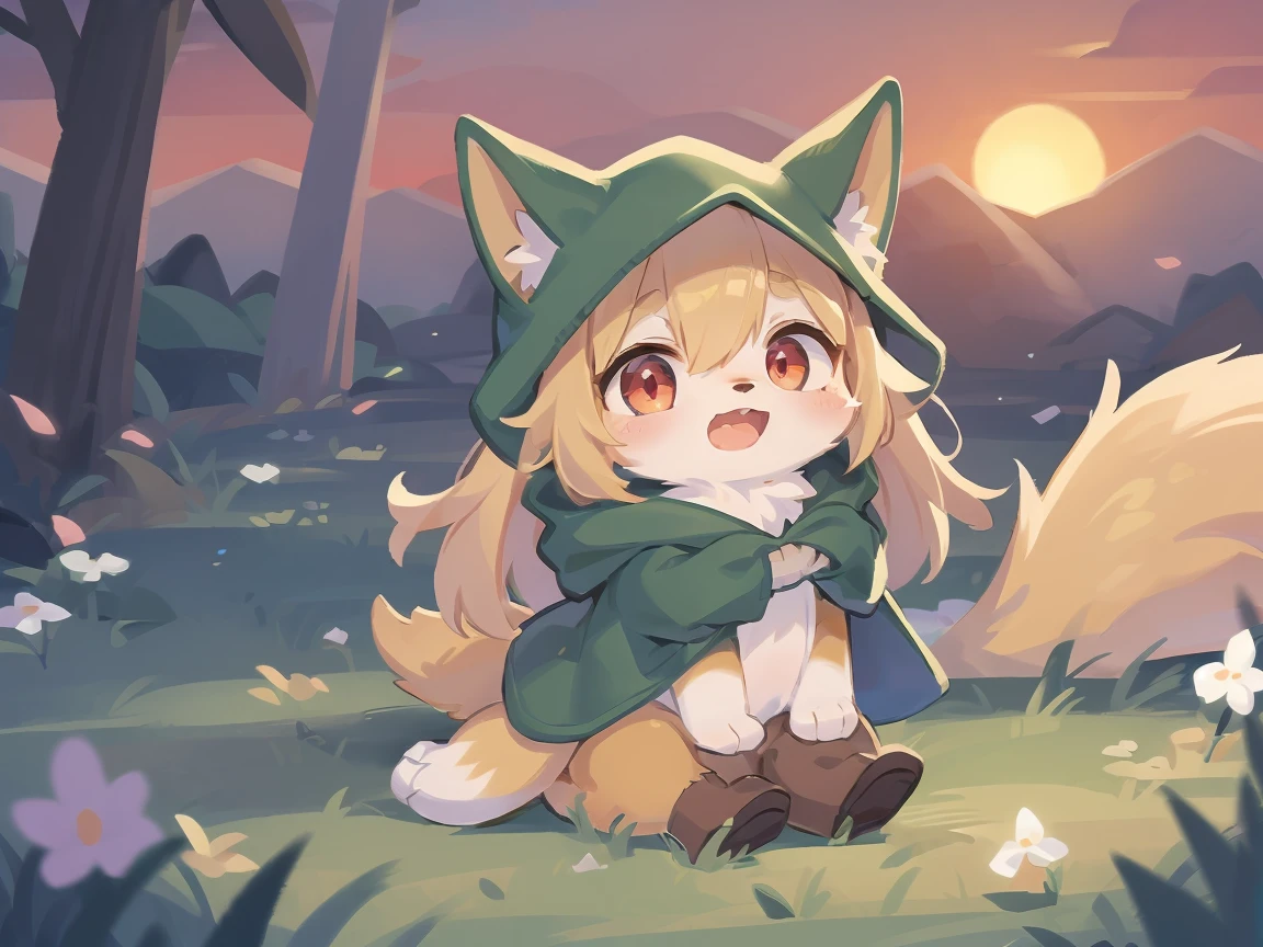 the fox, , was hairy, shaggy, skin fur, smooth lashes, golden fur, forelimb hands, straight long blonde hair, solid circle eyes, golden ears, golden fur, golden facial fur, shiny hair, red eyes, super cute face, 1fox tail, fluffy tail, furry tail, glowing eyes, green coat green hood down, brown trousers, open mouth, embarrassed, ambient light, ultra-fine fur, dashed eyes, full body, masterpiece, high quality, high-details, best quality, wide short, (((solo))), twilight, sun light, red sky, rim light