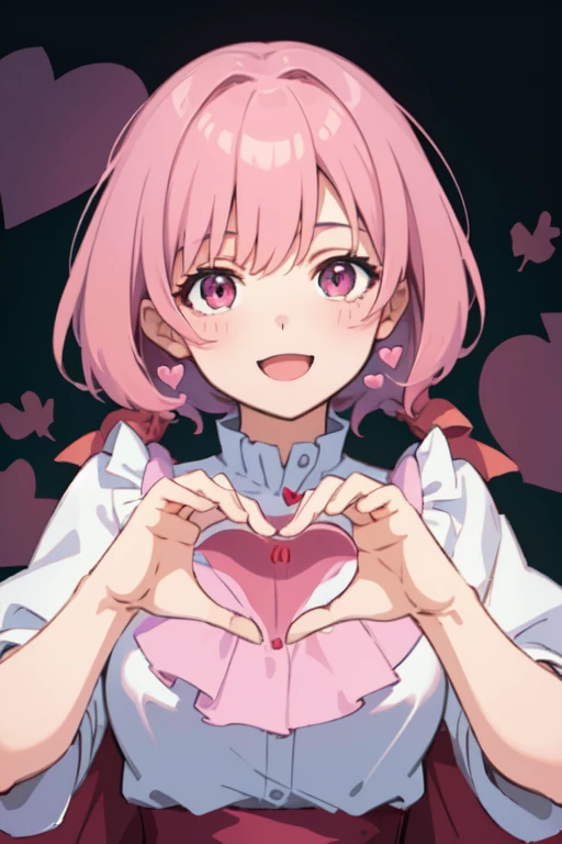 ((Highest quality)), ((masterpiece)), (detailed), Perfect Face, Perfect Arms, anime, Ultra-fine illustration, ((1 person)), Cute girl, (Heart Hands, with own hands, Heart Pose:1.3), smile, Open your mouth, Pink Hair, Pink Eyes, Cute clothes,