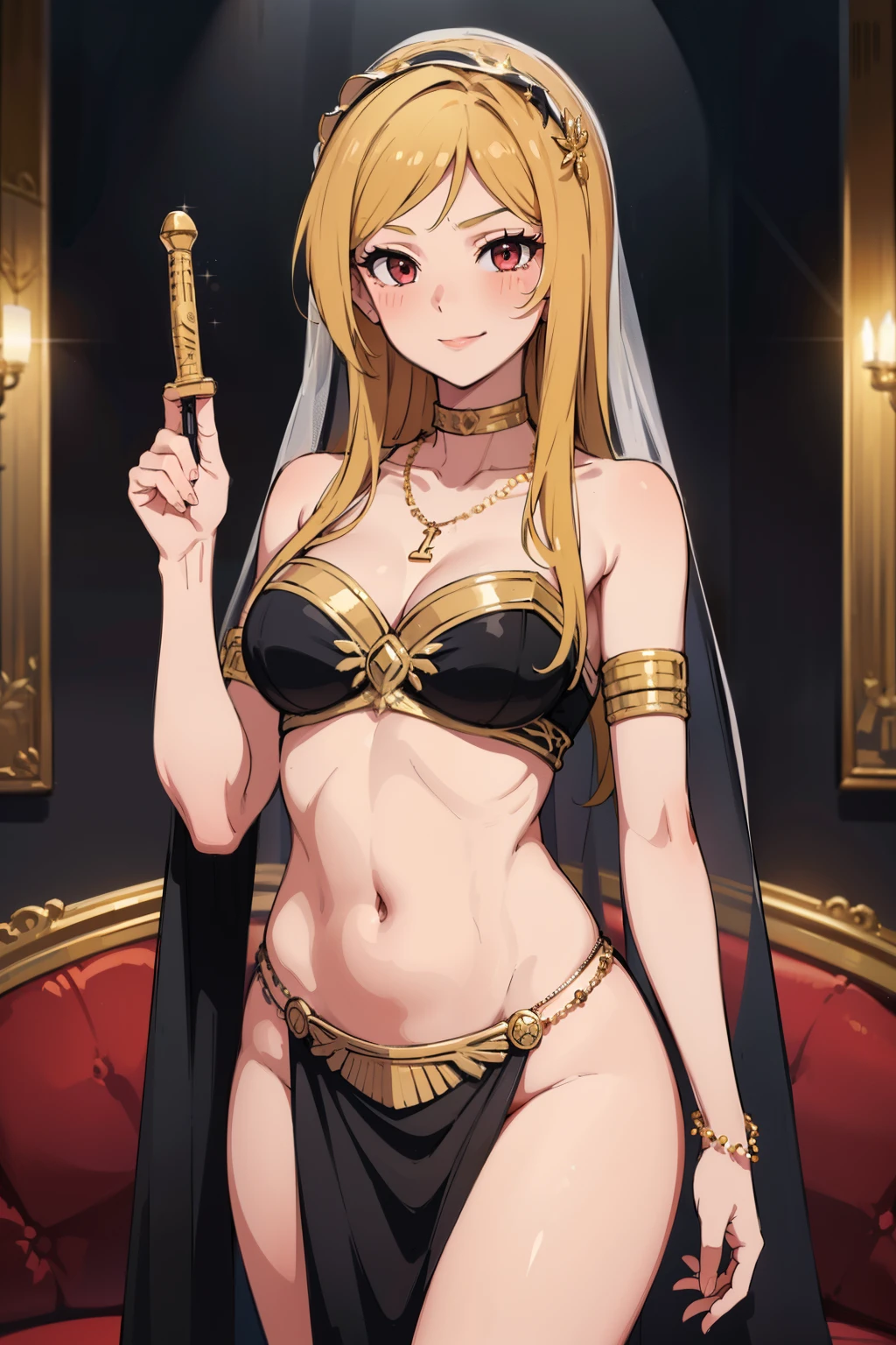 Rio Momose,  lipstick, blush, masterpiece, best quality, highly detailed ,glint,halterneck,gold_choker, complex detailed background,
inside, stone wall, ancient interior, ancient egyptian room, hieroglyphs, dark lighting, dark
atmosphere, (cowboy shot), holding a sword, sword, belly_chain,harem_outfit,navel, necklace,
pelvic_curtain,revealing_clothes, veil，masterpiece,best quality,1girl,mature,evil smile, smile,
female,mature,necklace,pendant, (nsfw) not safe for work, exposed belly, exposed navel, exposed
midriff, exposed lower belly, navel piercing