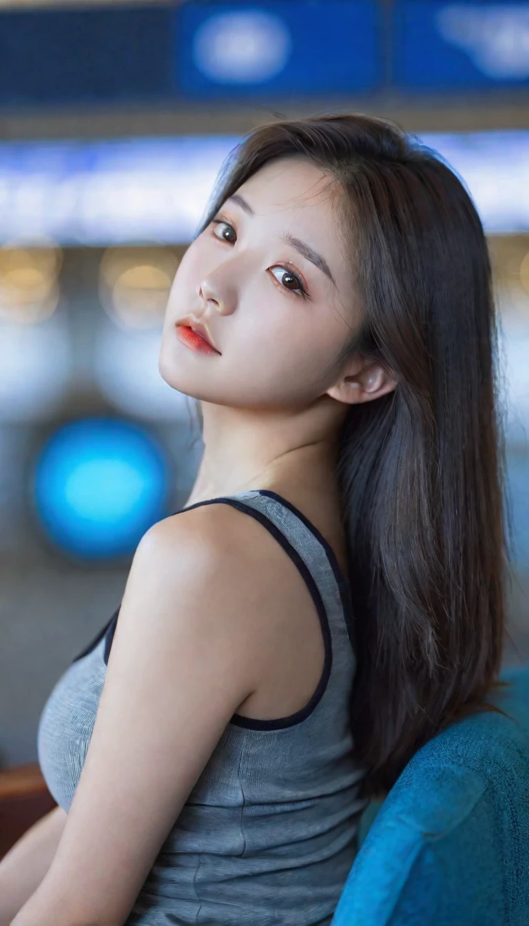 extreme close-up of -old beauul Korean female, big nose, straight hair, huge breasts, wearing fitting tank top, sitting in terminal lounge, bokeh background, UHD