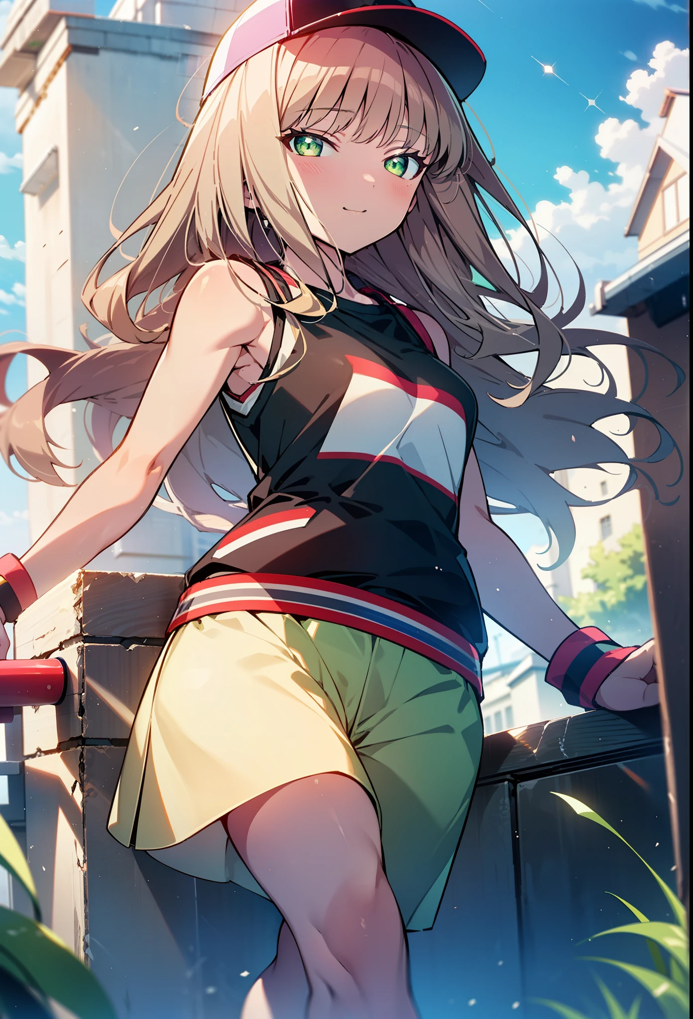 minami yume ,sss Dynazenon ,Long Hair, Brown Hair, (Green Eyes:1.5) ,blush,smile,hair band,Sleeveless shirt,Baseball cap,Long skirt,sneakers,Daytime,Clear skies,Walking,whole bodyがイラストに入るように, break looking at viewer, whole body, break outdoors ,Building district, break (masterpiece:1.2), Highest quality, High resolution, unity 8k wallpaper, (shape:0.8), (Beautiful and beautiful eyes:1.6), Highly detailed face, Perfect lighting, Extremely detailed CG, (Perfect hands, Perfect Anatomy),
