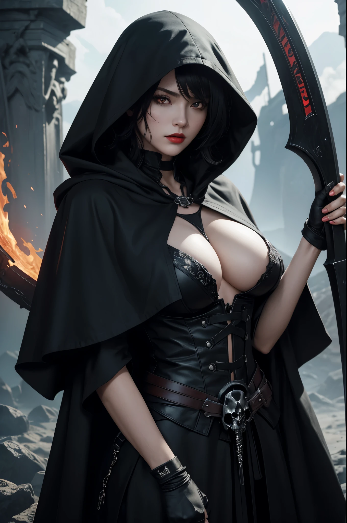 8K,Grim Reaper with a very large scythe,Skeleton Face,Red eyes,White haired mohawk,Black hooded robe,Highly detailed photos, Ultra-high resolution, masterpiece, Highest quality, Perfect glowing skin, Perfect lighting, Detailed lighting, Dramatic Shadows, Ray Tracing, Looking at the audience, Small breasts, Beautifully detailed hazel eyes, Sharp Face, Clear Eyes, Red lips, Long bangs, Short Curly Hair, ((Dark Land of the Underworld)), Upper Body, masterpiece,Highest qualityのフォトリアリスティックなRAW写真。Bright colors,Rich colors, Backlight, Cinema Lighting, Film Grain, to be born, 50mm lens, Nikon D850,Detailed character art,Fantasy art,Ultra-Realistic Skin,Perfect hand shape,Deadly landscape,Skull coat of arms,Skull Face,Very large breasts,