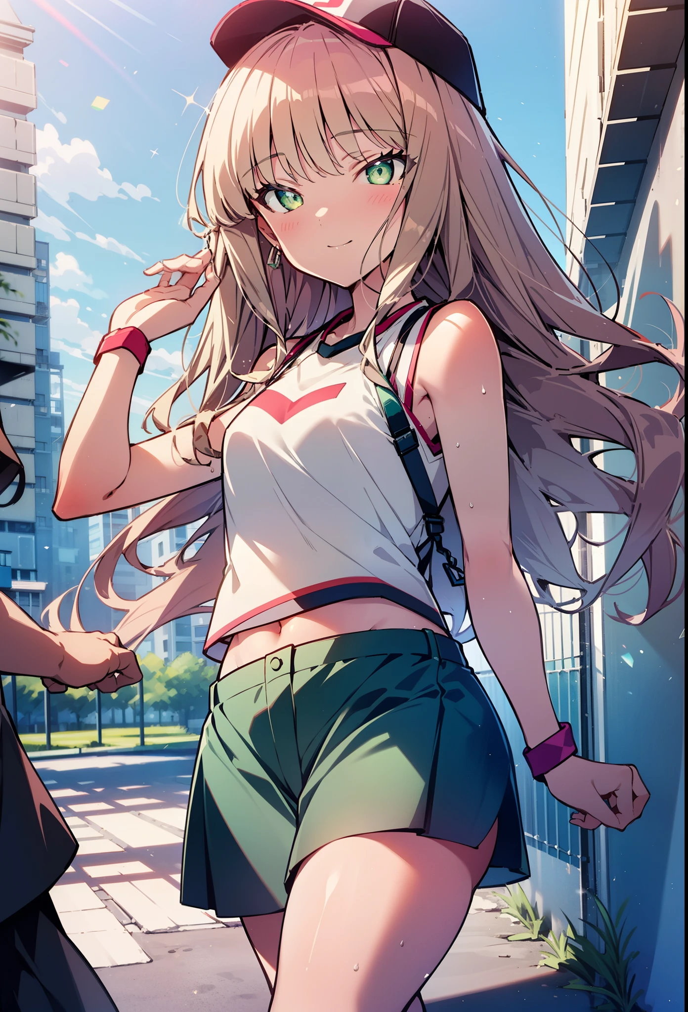 minami yume ,sss Dynazenon ,Long Hair, Brown Hair, (Green Eyes:1.5) ,blush,smile,hair band,Sleeveless shirt,Baseball cap,Long skirt,sneakers,Daytime,Clear skies,Walking,whole bodyがイラストに入るように, break looking at viewer, whole body, break outdoors ,Building district, break (masterpiece:1.2), Highest quality, High resolution, unity 8k wallpaper, (shape:0.8), (Beautiful and beautiful eyes:1.6), Highly detailed face, Perfect lighting, Extremely detailed CG, (Perfect hands, Perfect Anatomy),
