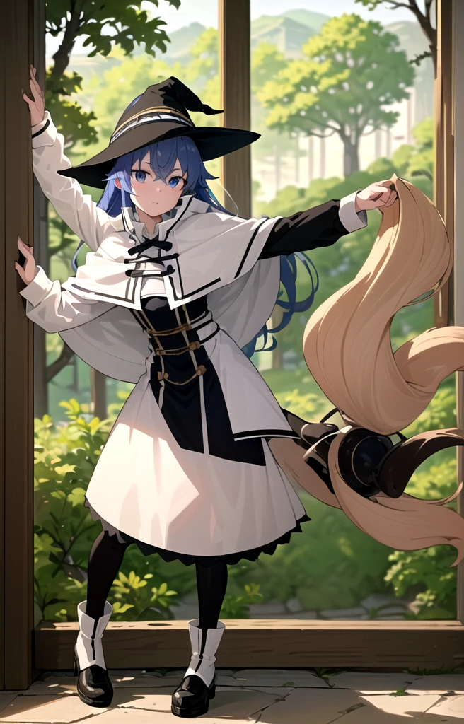 (masterpiece:1.4), (Highest quality:1.4), (((Pixel Perfect, Perfect in every detail))), One girl, body, Roxy Migurdia, Blue Hair, Long Hair, Hair between the eyes, Twin Blade, blue eyes, Witch Hat, White collared shirt, Long sleeve, Wide sleeves, White capelet, Brown cape, Long Cape, Black Skirt, White boots, Small to medium chest, Flat colors, View your viewers, in the forest,