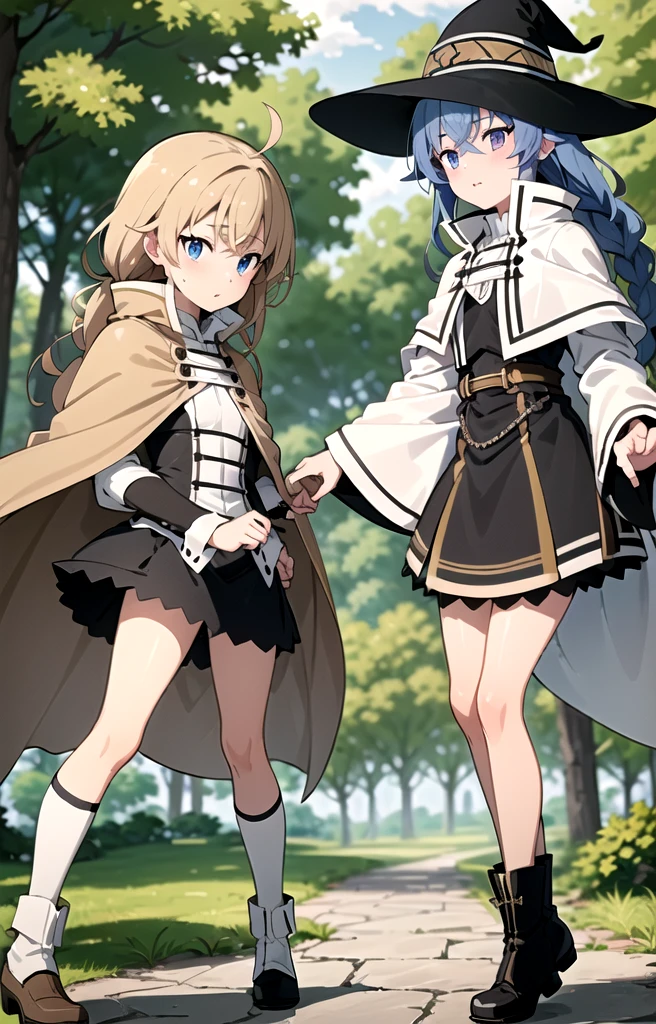 (masterpiece:1.4), (Highest quality:1.4), (((Pixel Perfect, Perfect in every detail))), One girl, body, Roxy Migurdia, Blue Hair, Long Hair, Hair between the eyes, Twin Blade, blue eyes, Witch Hat, White collared shirt, Long sleeve, Wide sleeves, White capelet, Brown cape, Long Cape, Black Skirt, White boots, Small to medium chest, Flat colors, View your viewers, in the forest,