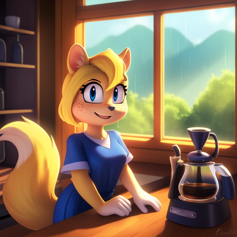 minerva, medium breast,
(detailed blonde hair:1.4), (detailed perfect eyes:1.2), white fur, (detailed fluffy fur:1.2), perfect hourglass body, mink snout, (long fluffy blonde tail:1.3), beautiful black eyes, relaxed pose, looking at viewer,
(freckles:1.2), light smile,
serving coffee,
(masterpiece:1.2), (best quality:1.2), (intricate:1.2), (highly detailed:1.2), (sharp:1.2), (8k:1.2), (highres:1.2),
cinematic summer tropical lighting, vivid colors,
kitchen, wooden cabin,
window, forest, rain,
aliceinwonderlandoutfit