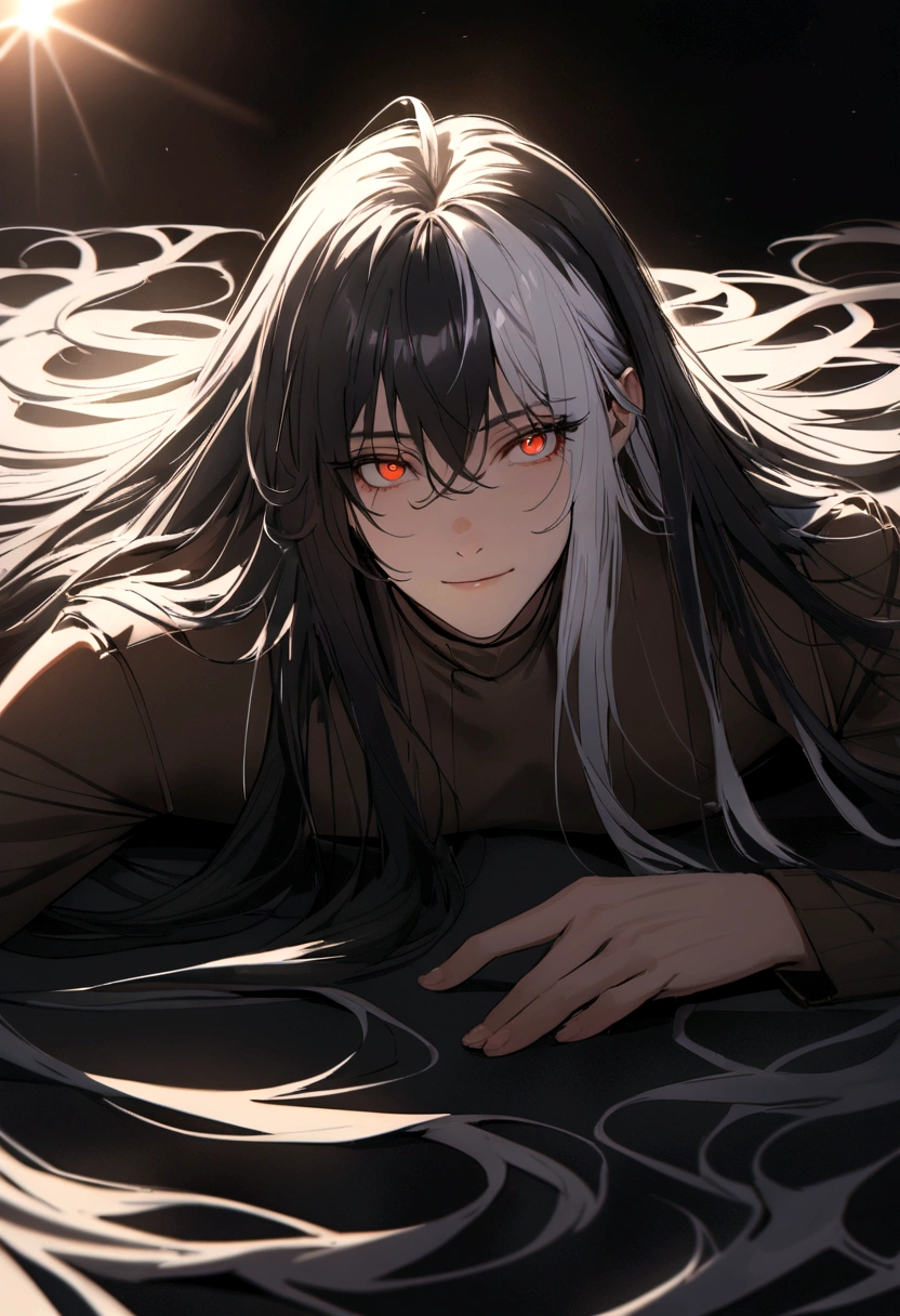 man,black hair, streaked hair, white hair, long hair, messy hair, straight hair, hair spread out, flipped hair, gradient eyes, amber eyes, light smile, cinematic lighting, anatomically correct, super detail, high quality, best quality, highres