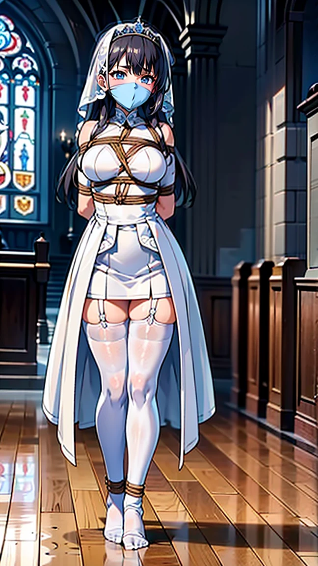 (Highly detailed CG unity 8k), (highest quality),(very detailed),(ultra high resolution), 1 female, (white cloth gag:1.4), rope bondage, breasts rope bondage, hands back rope bondage, leg rope bondage, thigh rope bondage, bust rope bondage, feet rope bondage, Arms behind the waist, bound wrists, ankles rope bondage, Legs rope bondage, Tie your ankles, Black Hair, Gorgeous wedding dress in pure white, White wedding veil, Wedding Tiara, (white stockings:1.4), White garter belt, teary eyes, church, altar, standing pose, (Floor-length skirt:1.3), tall, Inside Iron Maiden,