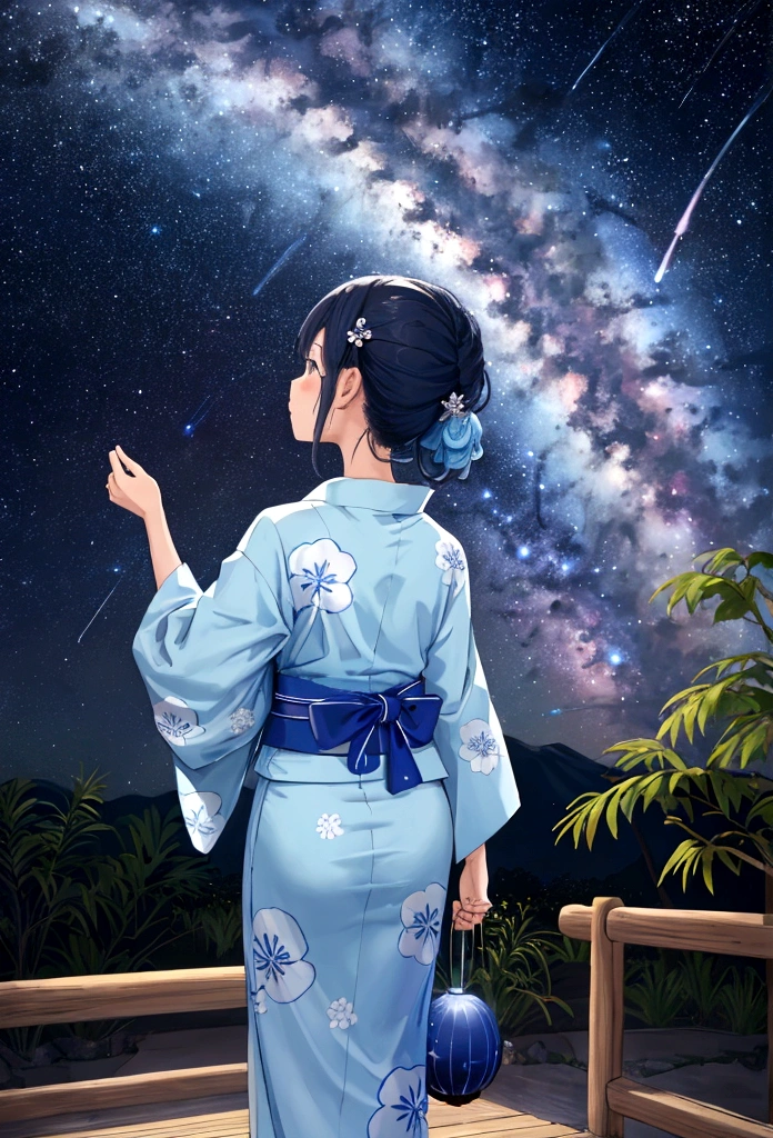 Back view of a woman wearing a light blue yukata,Looking up at the Milky Way,Tanabata