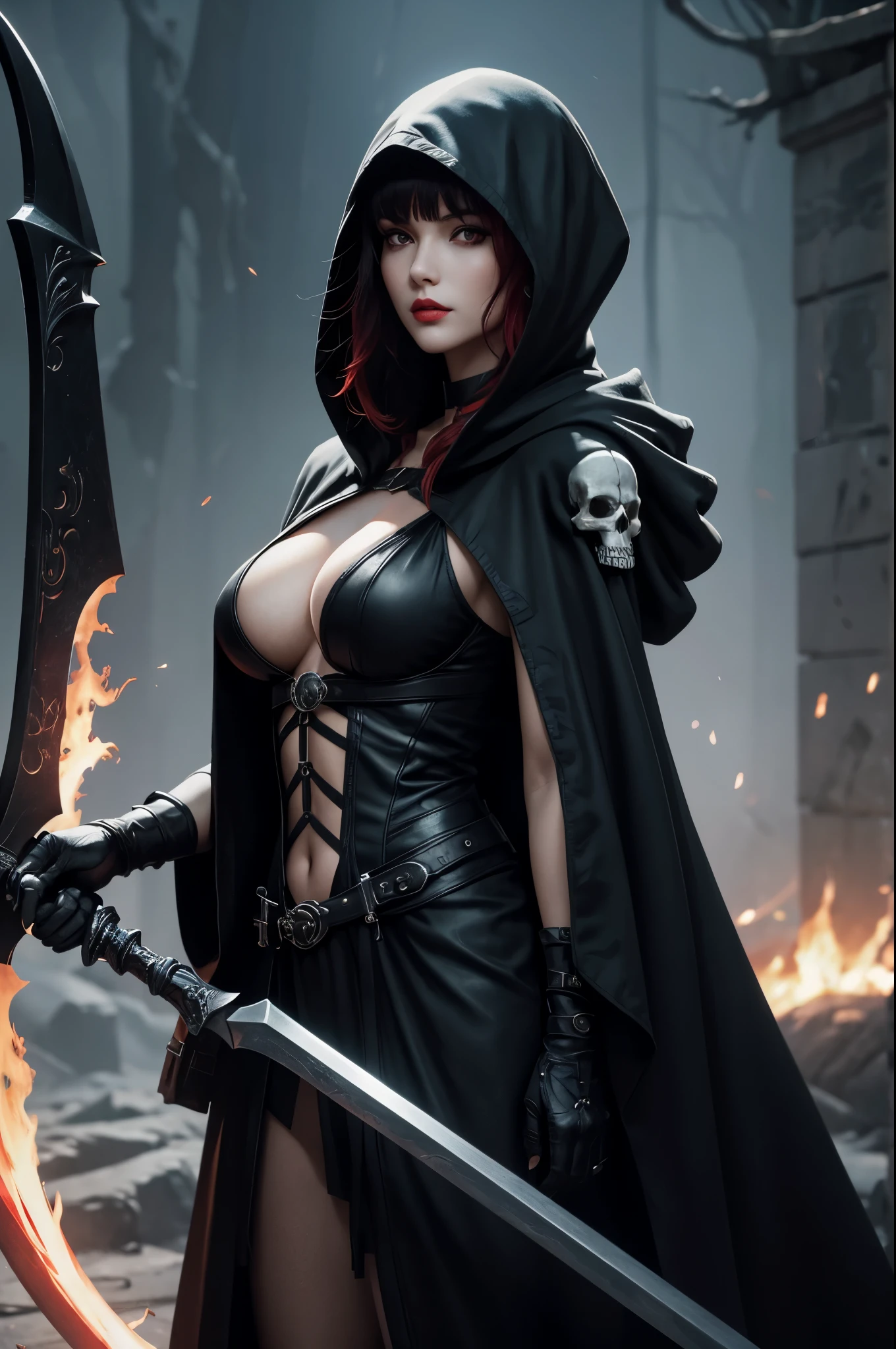 8K,Grim Reaper with a very large scythe,Skeleton Face,Red eyes,White haired mohawk,Black hooded robe,Highly detailed photos, Ultra-high resolution, masterpiece, Highest quality, Perfect glowing skin, Perfect lighting, Detailed lighting, Dramatic Shadows, Ray Tracing, Looking at the audience, Small breasts, Beautifully detailed hazel eyes, Sharp Face, Clear Eyes, Red lips, Long bangs, Short Curly Hair, ((Dark Land of the Underworld)), Upper Body, masterpiece,Highest qualityのフォトリアリスティックなRAW写真。Bright colors,Rich colors, Backlight, Cinema Lighting, Film Grain, to be born, 50mm lens, Nikon D850,Detailed character art,Fantasy art,Ultra-Realistic Skin,Perfect hand shape,Deadly landscape,Skull coat of arms,Skull Face,Very large breasts,