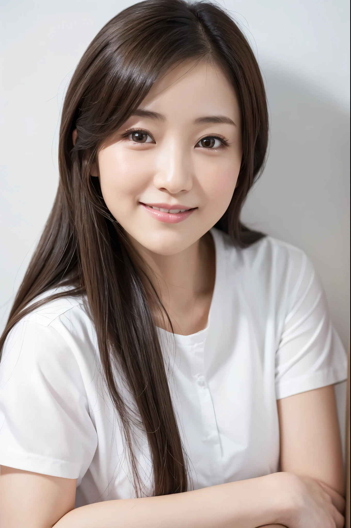 Japanese women, 40s, White background, simple背景,Long Hair、White-brown hair, Slender, 4K, 8K, High quality, Beauty products, EyesBeautiful Eyes, simple, It is high resolution.,1 person,Beautiful Skin,Beautiful Skin、Natural smile、Short sleeve、Wearing a white shirt,