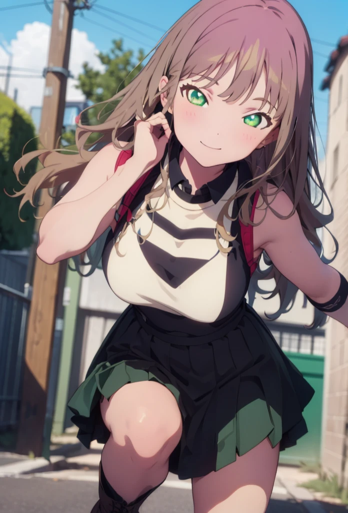 minami yume ,sss Dynazenon ,Long Hair, Brown Hair, (Green Eyes:1.5) ,blush,smile,hair band,Sleeveless shirt,Long skirt,short boots,Daytime,Clear skies,Walking,whole bodyがイラストに入るように,　　　　　　　　　break　looking at viewer, whole body,(Cowboy Shot:1. 5) ,　　　　　　　　　　　　　　　　　break outdoors ,Building district,　　　　　　　　　　　　break (masterpiece:1.2), Highest quality, High resolution, unity 8k wallpaper, (shape:0.8), (Beautiful and beautiful eyes:1.6), Highly detailed face, Perfect lighting, Extremely detailed CG, (Perfect hands, Perfect Anatomy),