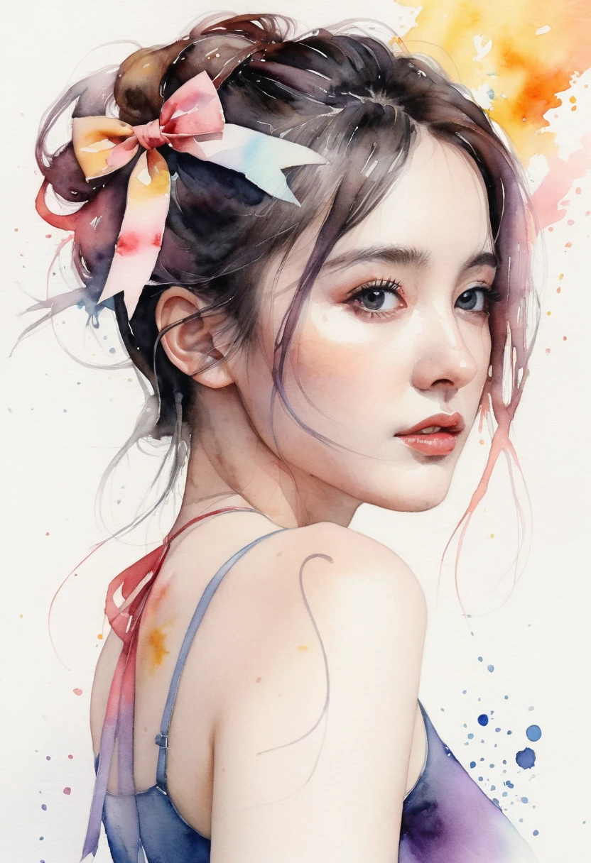 (8k, best quality, masterpiece:1.2),(best quality:1.0), (ultra highres:1.0), watercolor, a beautiful woman, shoulder, hair ribbons, by agnes cecile, half body portrait, extremely luminous bright design, pastel colors, (ink:1.3), autumn lights,