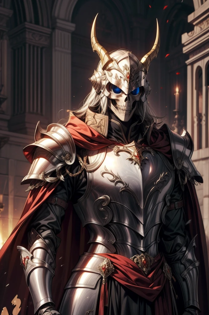 blurry background, breastplate, fake horns, full armor, gauntlets, glowing, hailoknight, helmet, horns, jewelry, pauldrons, red cape, robot, shoulder armor, skeleton, standing, torn clothes, upper body, white gloves, dinamic pose,