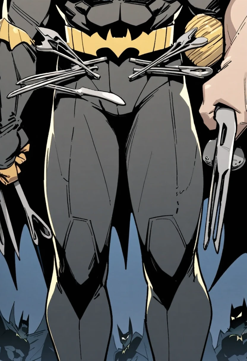 Batman, from front, super fine, lower body shot, middle-aged man, hunk, looking down and mouth wide open with shocked face, Batman's crotch get pinched by many tongs, Batman's crotch squeezed by many tongs,