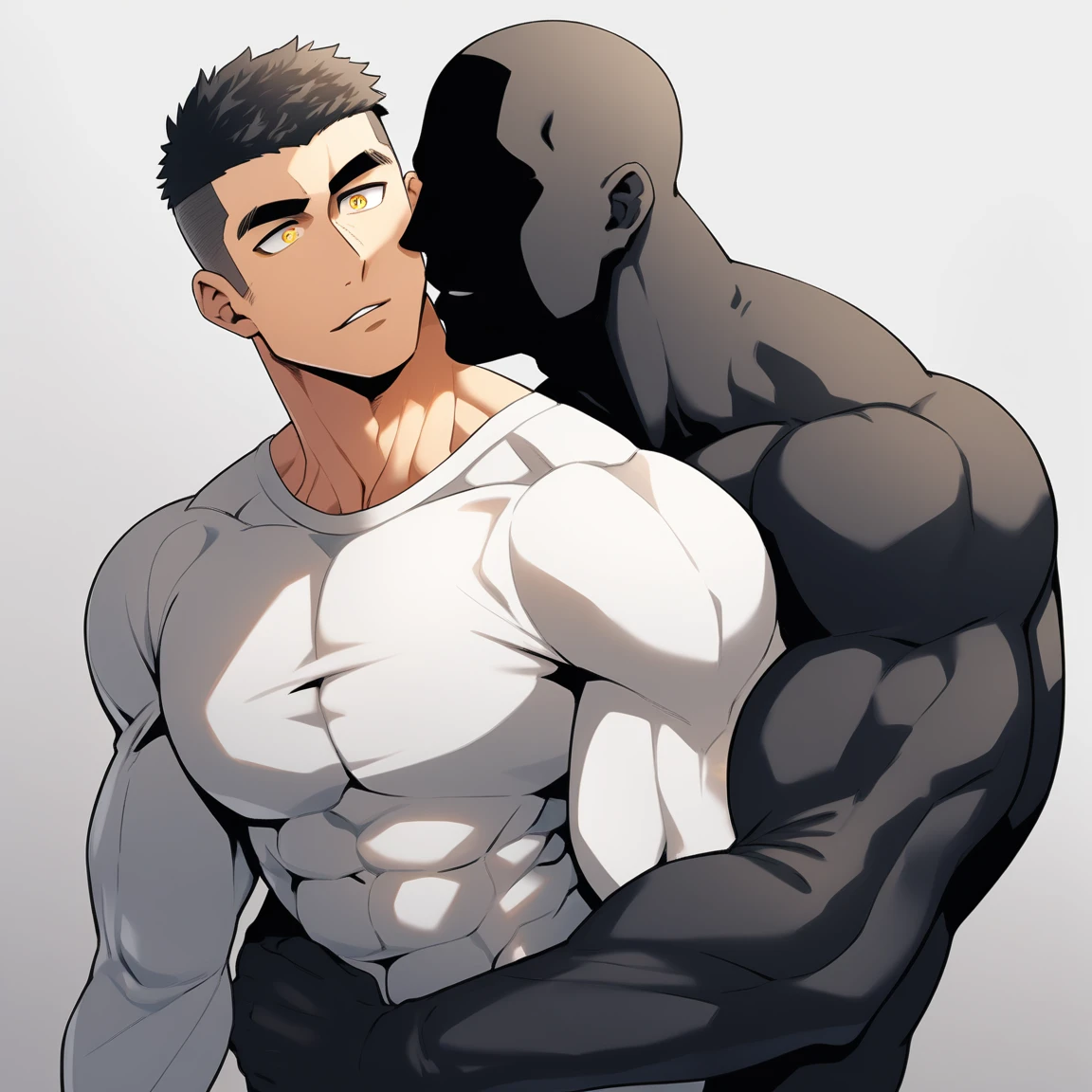 anime characters：Two superheroes in tights, Muscle Sports Student and Muscle No Face skinhead superhero, No Face，negro black skin, They hugged and kissed each other, Bite your neck, Caress, Manliness, male focus, Yellow and black high collar long sleeve tight T-shirt, Slightly transparent material, Very tight, Round, full and perky chest muscles, Muscle waist, Slightly transparent, muscular male, muscular, only, Upper body, alone, Black short hair, Thick eyebrows, stubble, Yellow eyes, Grey background, simple background, amazing quality, best aesthetics, Ridiculous, bright pupils, crew cut, parted lips, seductive smile, torogao, naughty face, drop shadow, best quality