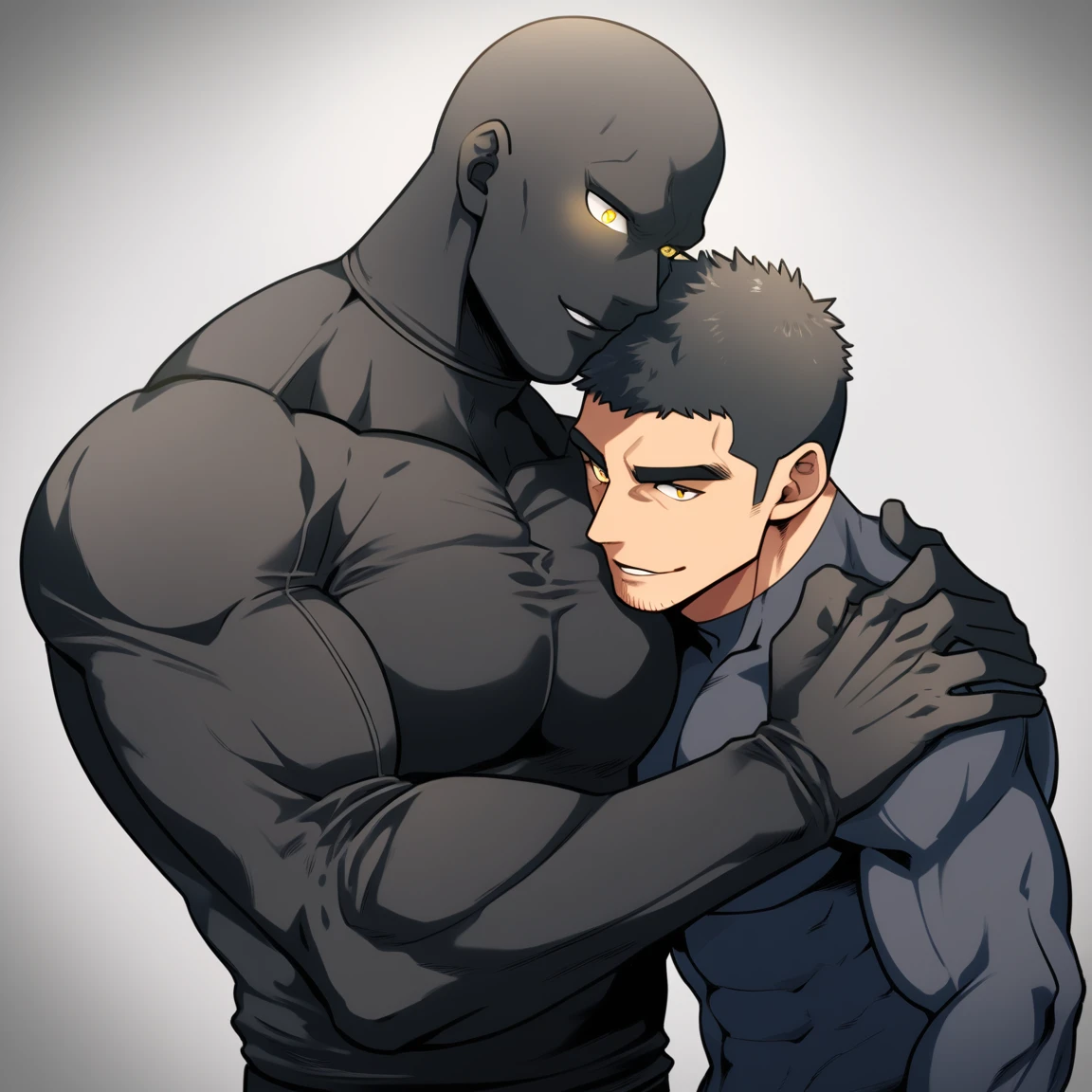 anime characters:Two superheroes in tights, Muscle Sports Student and Muscle No Face skinhead superhero, No Face,negro black skin, They hugged and kissed each other, Bite your neck, Caress, Manliness, male focus, Yellow and black high collar long sleeve tight T-shirt, Slightly transparent material, Very tight, Round, full and perky chest muscles, Muscle waist, Slightly transparent, muscular male, muscular, only, Upper body, alone, Black short hair, Thick eyebrows, stubble, Yellow eyes, Grey background, simple background, amazing quality, best aesthetics, Ridiculous, bright pupils, crew cut, parted lips, seductive smile, torogao, naughty face, drop shadow, best quality