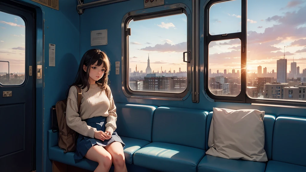   A young girl sits alone on a blue train, gripping a white book. The train's interior is bathed in a cool blue hue, with light wooden flooring and a large window revealing a cityscape outside. The girl's expression is one of deep concentration, as if she's lost in the pages of the book. She's wearing a blue sweater and a white skirt, with a beige backpack next to her on the bench. The window shows a city skyline, with the top of a tall building just visible. The weather outside appears to be sunset, with a few clouds scattered across the sky.#Makoto Shinkai's Style