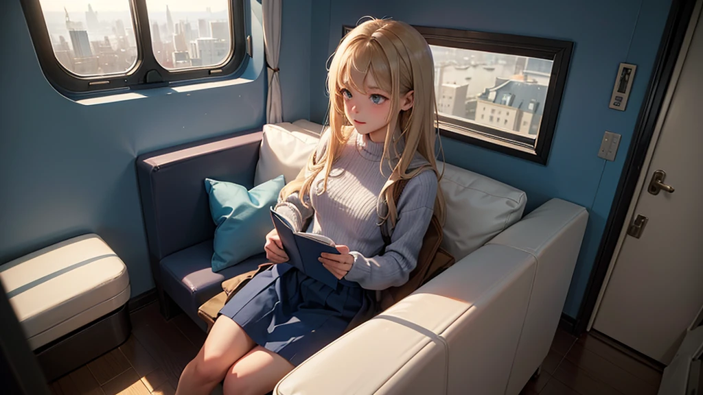 A young girl sits alone on a blue train, gripping a white book. The train's interior is bathed in a cool blue hue, with light wooden flooring and a large window revealing a cityscape outside. The girl's expression is one of deep concentration, as if she's lost in the pages of the book. She's wearing a blue sweater and a white skirt, with a beige backpack next to her on the bench. The window shows a city skyline, with the top of a tall building just visible. The weather outside appears to be sunset, with a few clouds scattered across the sky.#Makoto Shinkai's Style