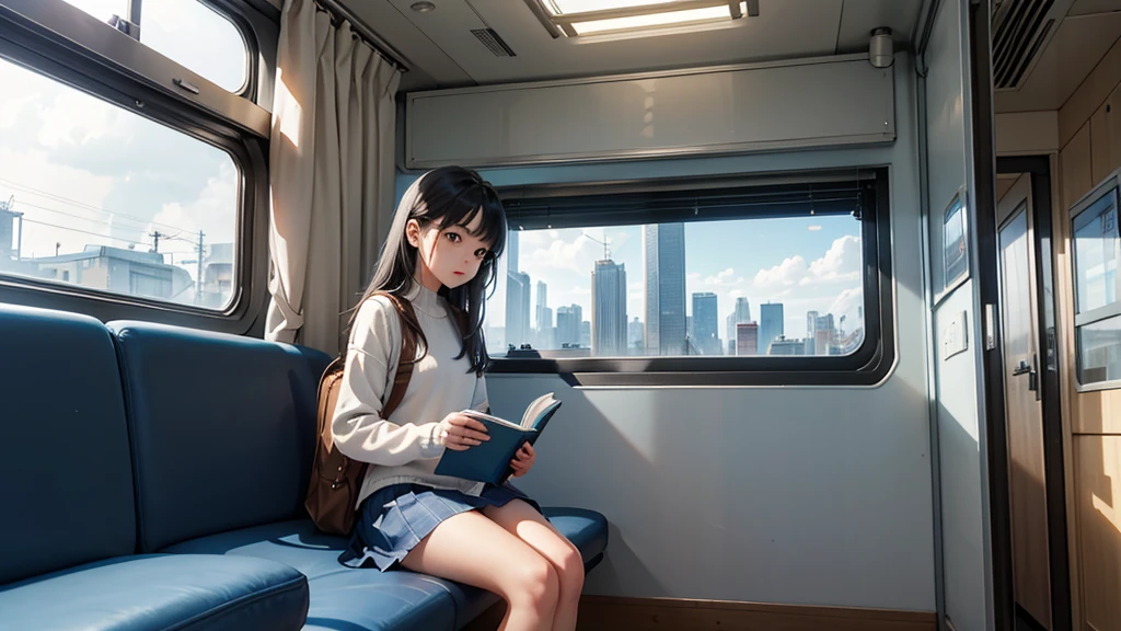 A young girl sits alone on a blue train, gripping a white book. The train's interior is bathed in a cool blue hue, with light wooden flooring and a large window revealing a cityscape outside. The girl's expression is one of deep concentration, as if she's lost in the pages of the book. She's wearing a blue sweater and a white skirt, with a beige backpack next to her on the bench. The window shows a city skyline, with the top of a tall building just visible. The weather outside appears to be sunset, with a few clouds scattered across the sky.#Makoto Shinkai's Style