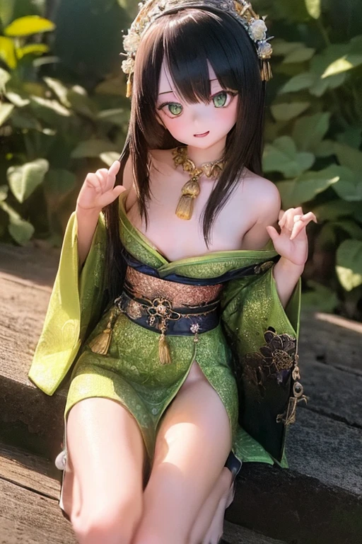 (SFW:2), photorealistic, realistic photo, ((highest quality)), ((masterpiece)), (extremely detailed), kukolnydom, doll, (mature woman:1.6), solo, ((cowboy shot, dynamic pose, kimono, obi)), (little smile, parted lips), green eyes, black hair, (looking at another, bare foot, gradient eyes, shining eyes, detailed eyes, detailed face:1.3), hair ornament, Japanese garden, 8k