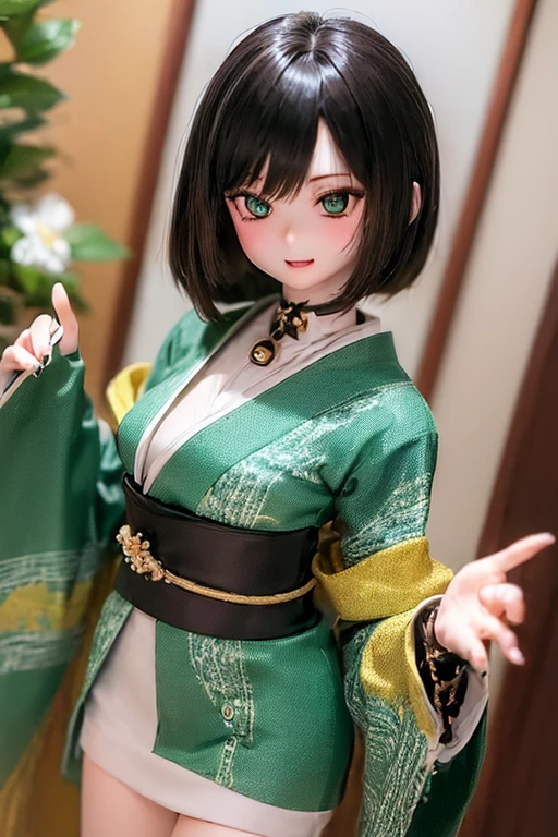 (SFW:2), photorealistic, realistic photo, ((highest quality)), ((masterpiece)), (extremely detailed), kukolnydom, doll, (mature woman:1.6), solo, ((cowboy shot, dynamic pose, kimono, obi)), (little smile, parted lips), green eyes, black hair, (looking at another, bare foot, gradient eyes, shining eyes, detailed eyes, detailed face:1.3), hair ornament, Japanese garden, 8k