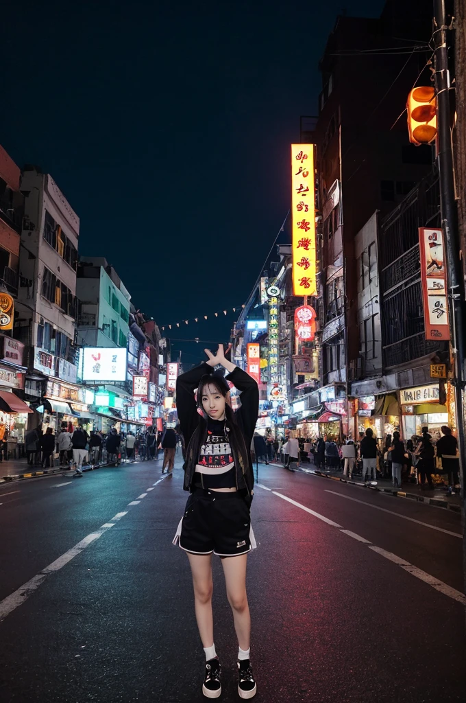 At night on Chinatown Road, Yaowarat, there is a Korean female idol wearing a hip-hop style outfit, standing in a cool pose in the middle of the road. Night lights, beautiful, realistic, 64K Perspective view from the ground to the top. Colorful lights are lines of movement.