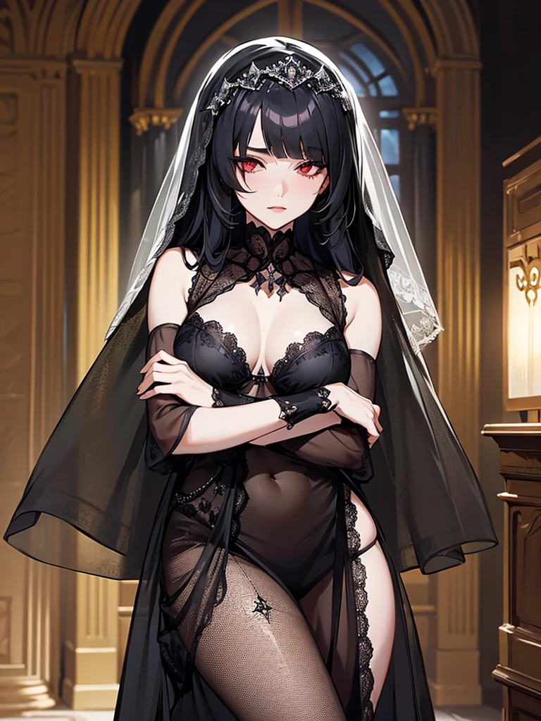 (Super detailed:1.3), ((((best quality)))), ((masterpiece)), female focus, solo,hotify, stunning beauty, powerful glow, detailed face, detailed eyes, detailed lips,castle interior background,(nighttime),moonlight,((black hair)),long hair, black mourning dress,((mourning veil)),red eyes, (pale skin:1.2),melancholic expression,straight bangs,bangs covering forehead,almond-shaped eyes,very cute face,cowboy shot, (hair over one eye),sheer sleeves,(2 arms),(black thong),nude