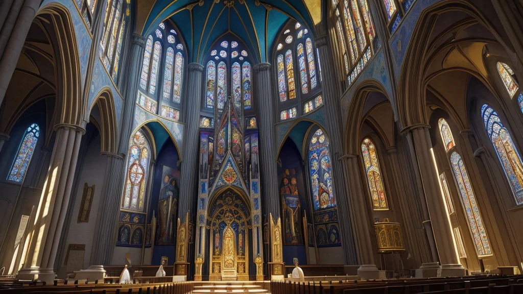 "A mosaic-adorned cathedral ceiling depicting scenes of heavenly realms and divine judgments. Rays of sunlight filter through stained glass windows, casting vibrant hues across the intricate artwork that spans centuries of religious artistry and theological reflection, illustrating the evolution of biblical afterlife concepts in visual form."