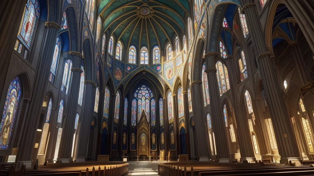 "A mosaic-adorned cathedral ceiling depicting scenes of heavenly realms and divine judgments. Rays of sunlight filter through stained glass windows, casting vibrant hues across the intricate artwork that spans centuries of religious artistry and theological reflection, illustrating the evolution of biblical afterlife concepts in visual form."