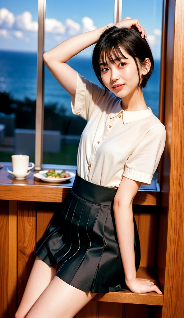 (8k, RAW photo, best quality, masterpiece:1.2), (realistic, photo-realistic:1.37), ultra-detailed,
1 girl, 24 years old, solo, beautiful detailed sky,detailed cafe,night,sitting,dating,(smile:1.1),large breasts, seductive smile, professional lighting, Sony A7R4, Zessie 50mm F1.8, beautiful detailed eyes, (shirt:1.1), pleated skirt,(short hair:1.2),floating hair,black eyes,