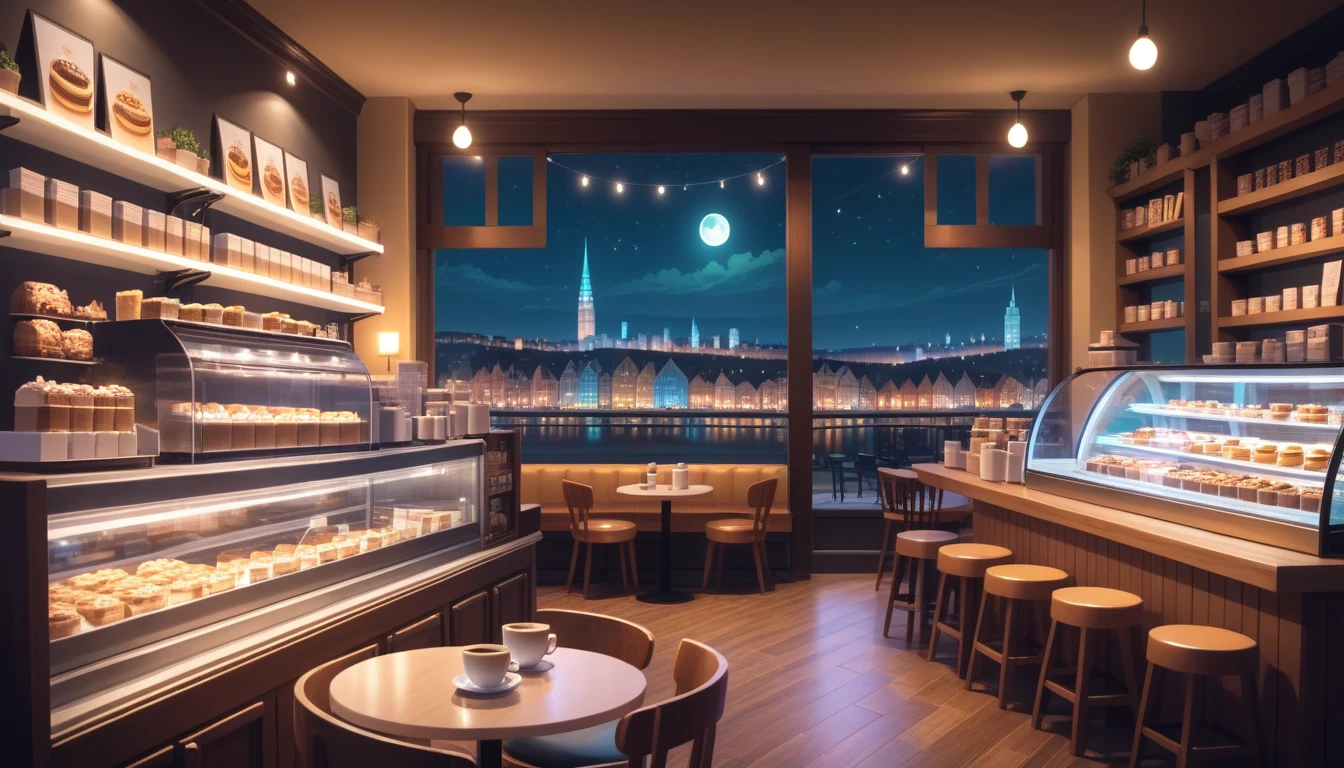 a cozy night time at a coffe interior with cozy lighting and sweets in the shelves. There are coffee cups in the tables. There is a big window in the middle of the coffeeshop and the outside view is the city at night.