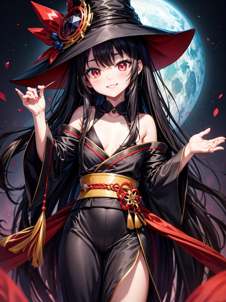 Black long hair girl cute blushing smile kawaii face wearing nekomata witch hat black and red kimono have black staff with red crystal shards 