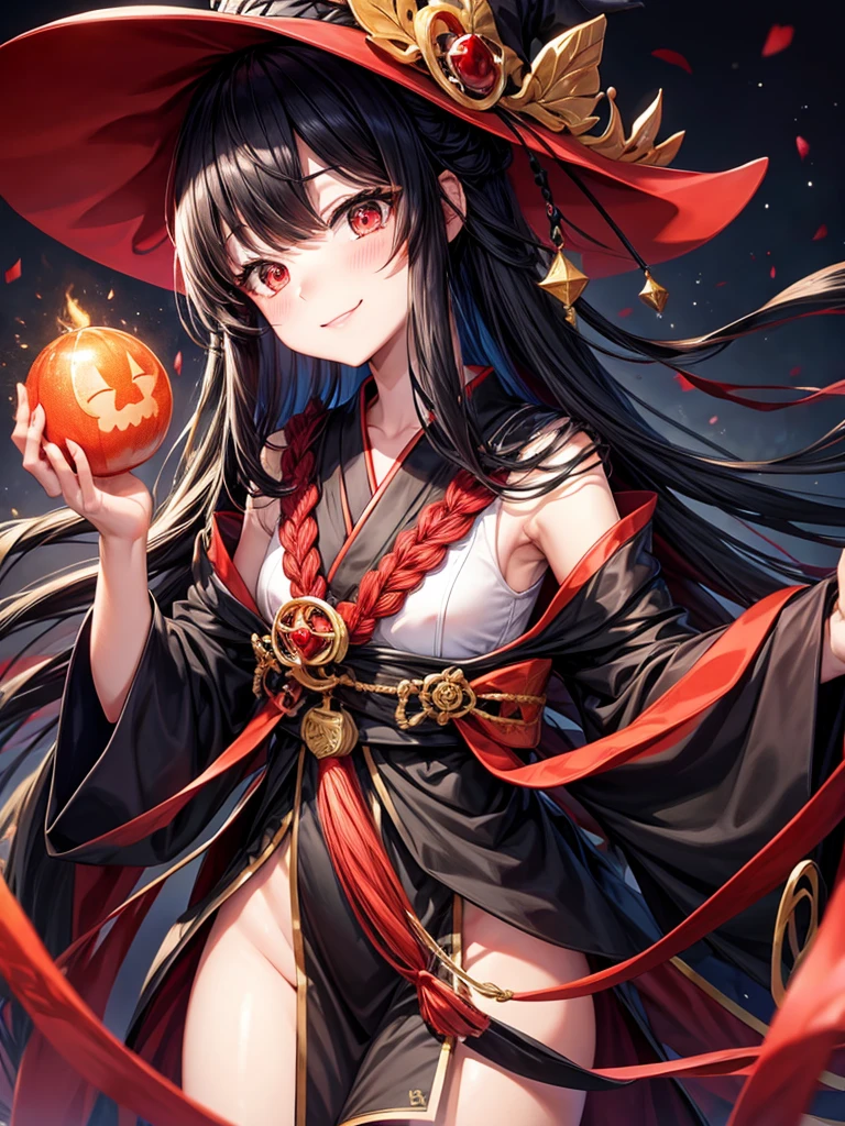 Black long hair girl cute blushing smile kawaii face wearing nekomata witch hat black and red kimono have black staff with red crystal shards