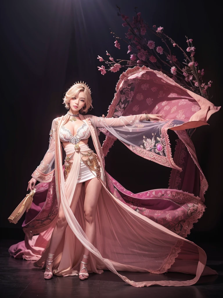 a beautiful young korean idol woman, 1girl, extremely detailed eyes, long eyelashes, beautiful detailed lips, flawless skin, elegant expression, intricate jewelry, detailed clothing, short bob blonde hair, cleavage, small breasts, (best quality,4K,8K,highres,masterpiece:1.2),ultra-detailed,(realistic,photorealistic,photo-realistic:1.37),studio lighting,HDR,vivid colors,professional photography
