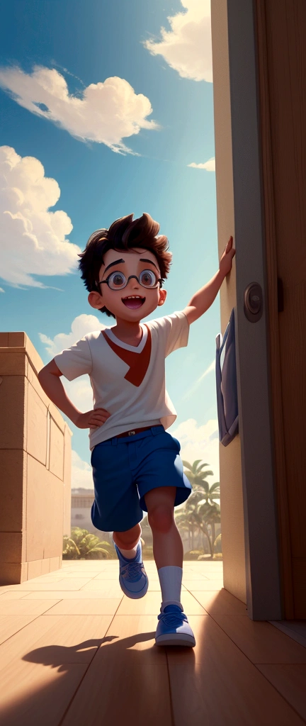 Image of a boy for a story in a YouTube video in Pixar format, He's the little allabester, He's the class leader, He's outgoing, Playful and gets up for a lot of things coloque aviões de brincadeira