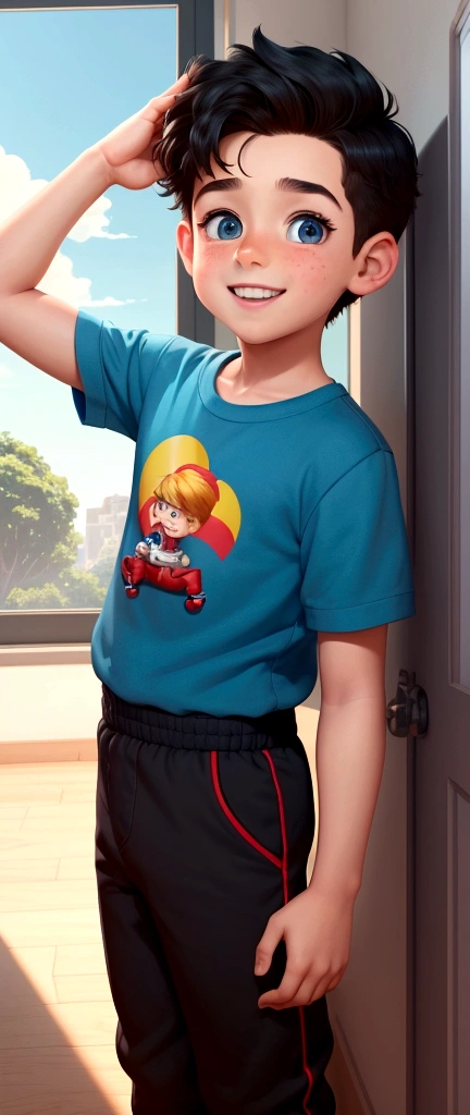 Image of a boy for a story in a YouTube video in Pixar format, He's the little allabester, He's the class leader, He's outgoing, Playful and gets up for a lot of things coloque aviões de brincadeira