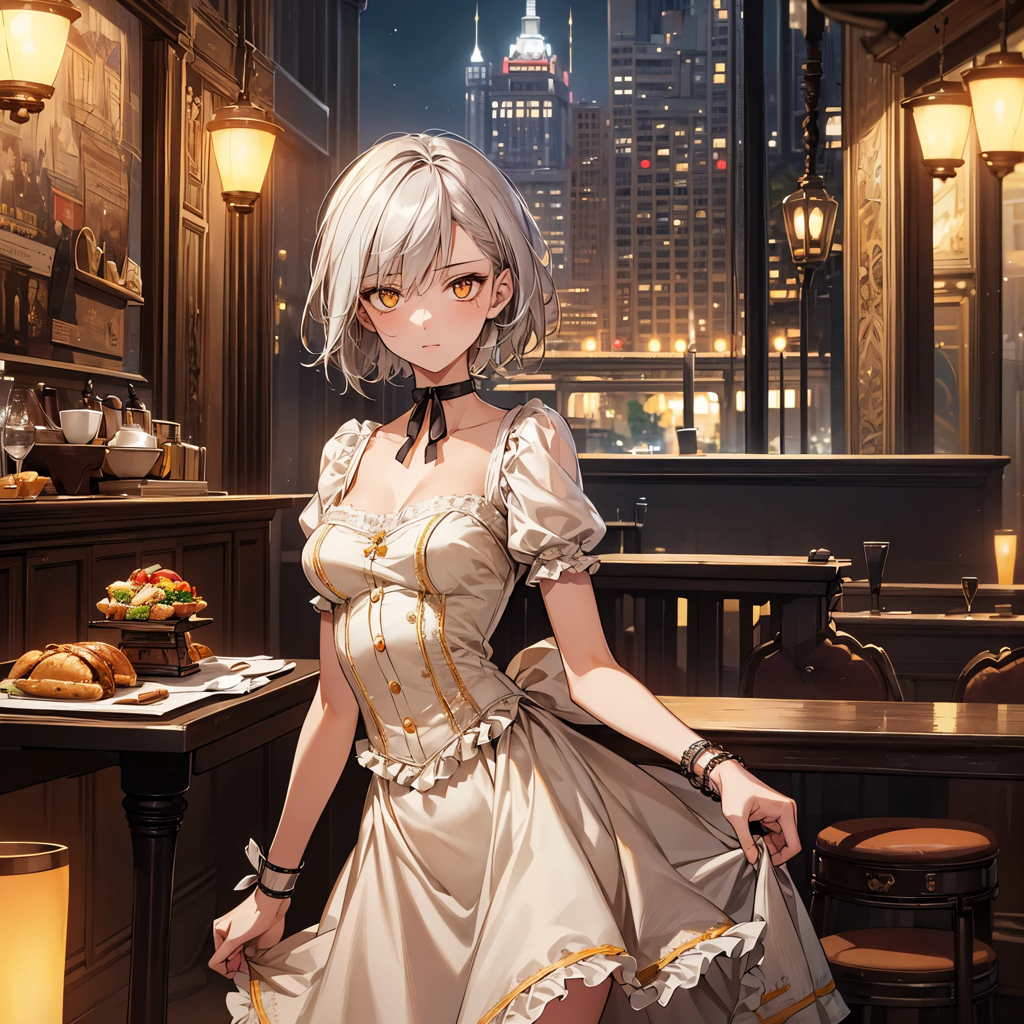 masterpiece, Highest quality, Perfect Face, Highest Resolution, Highest quality,Detailed depiction of the eyes, 1 girl, young, slender body, Short, deep tan skin, slate gray hair, short hair, upturned eyes, Yellow Orange eyes, Perfect Anatomy, steampunk, ribbon choker, dress, dinner, restaurant, Talk, city, night, night