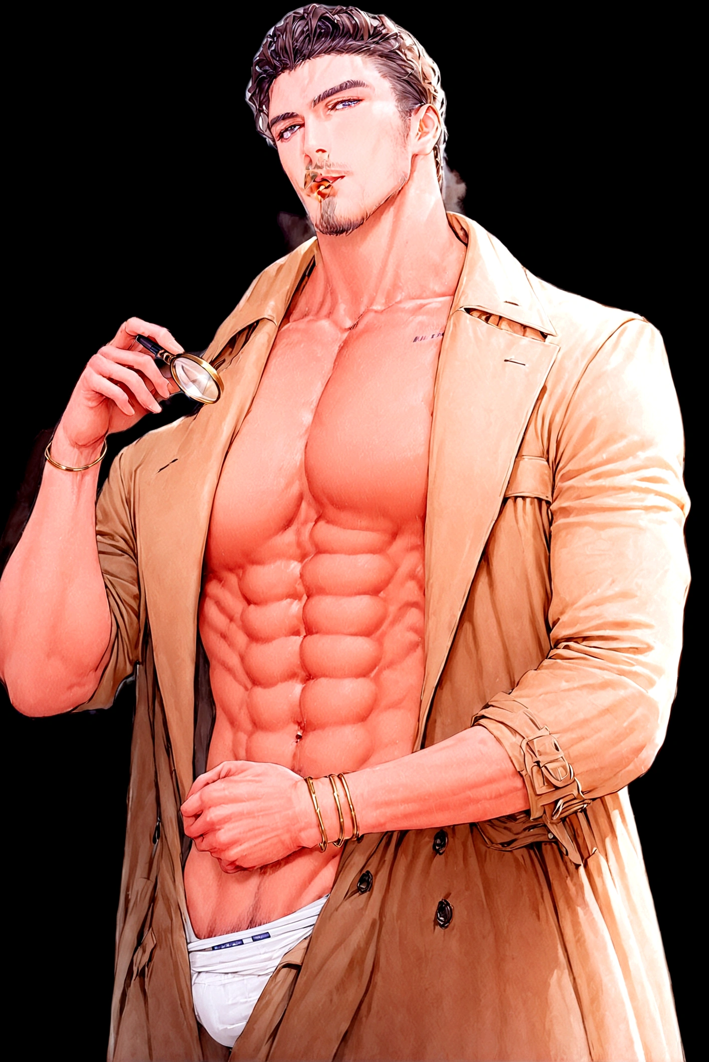 ultra detailed image. anime styling. Scenery of a dark gray room with polished and polished walls with an ultra polished and polished silver table. Research Board in the background. There are two characters. One of them is a handsome and seductive handsome adult with a goatee on his chin, a muscular man, beautiful medium hair with bangs. Wearing a loose, flowing brown coat. ultra-shiny and polished bronze bracelets. cloaks covering the brown body with pen in pocket, Brown hair. Light beige suit under coat. Covered chest. handsome human male detective. He holding a silver magnifying glass. He is pantsless with tight light gray underwear. The other has the same characteristics, but he is a police officer instead of a detective.